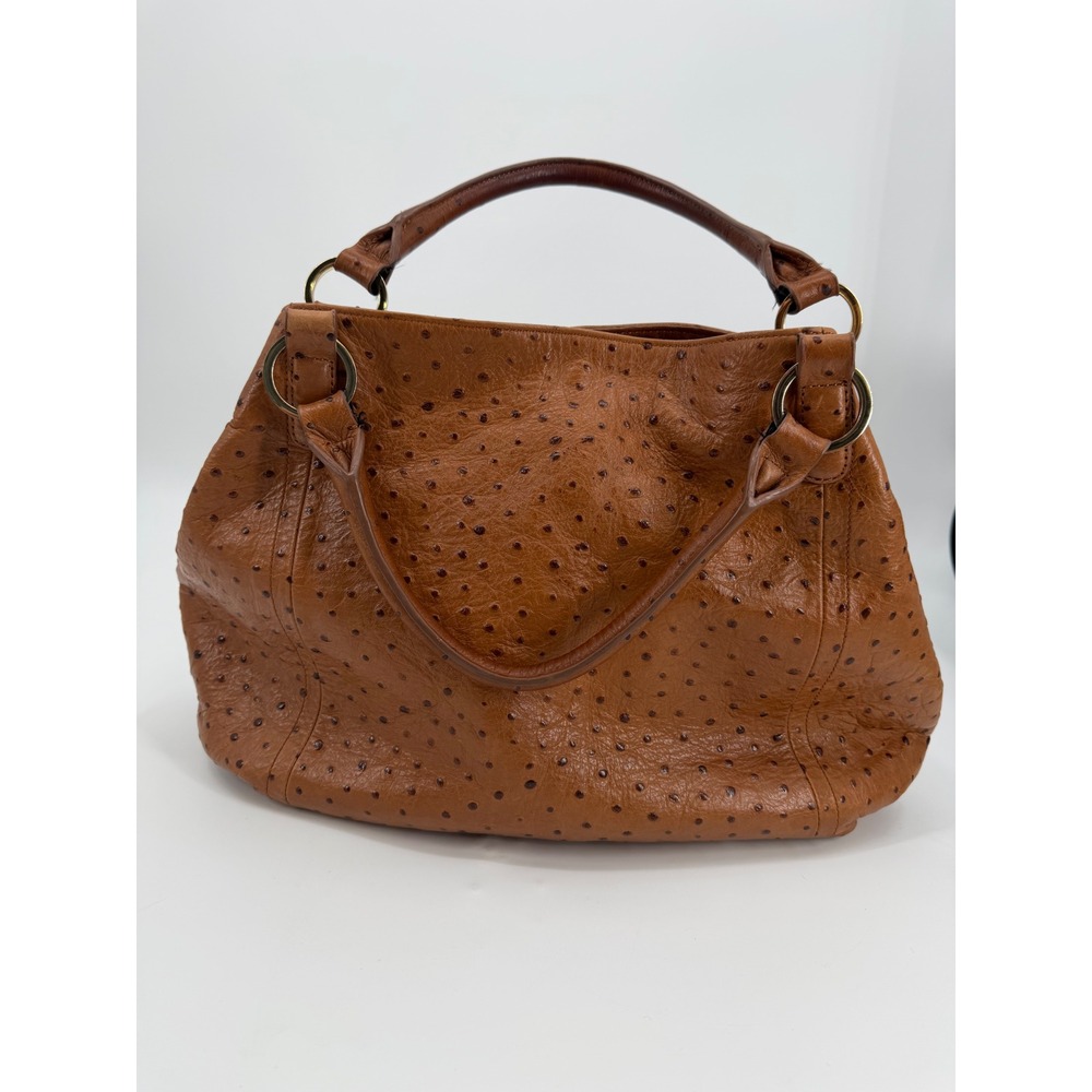 GILI Ostrich Embossed Leather Satchel Handbag Cognac Brown Gold Tone Hardware